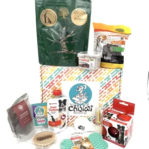 Magnifique boite anniversaire pour petits chiens avec un gâteau, une bougie et des cadeaux
