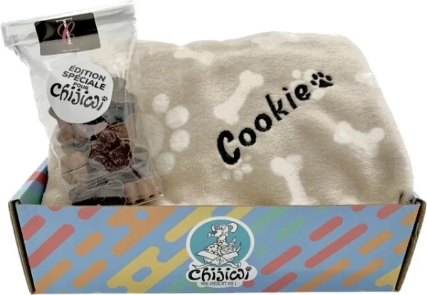 adorable coffret fete pere ou mere avec ballotin de chocolat et plaid brode au nom du chien